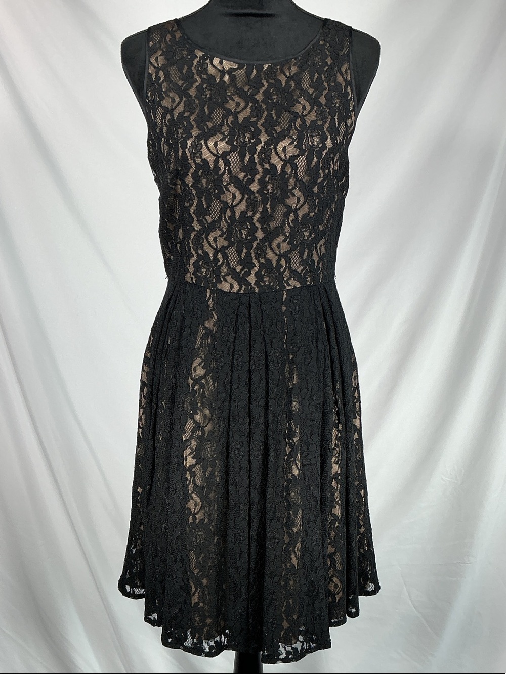 Fever London Black Lace Dress Nude Contrast Fit Flare Midi Cocktail Sz 12